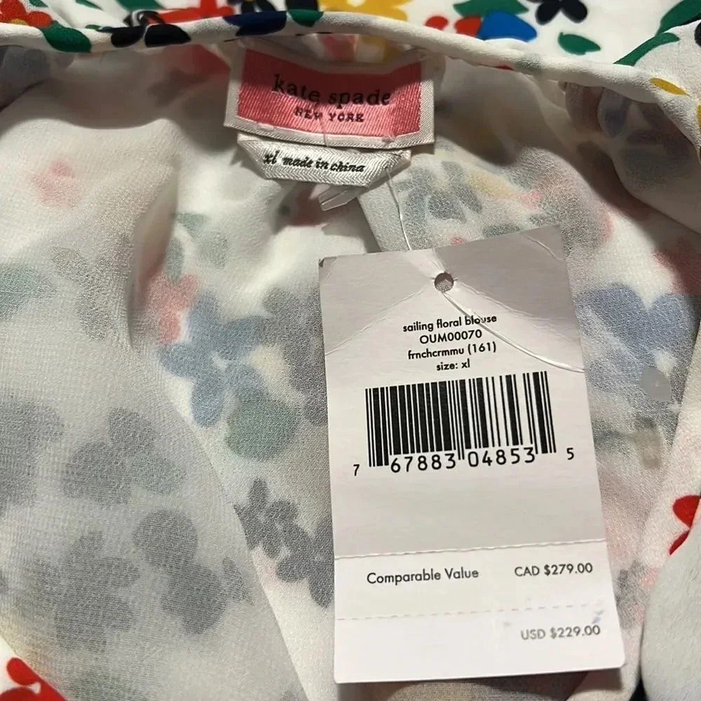 Kate Spade Sailing Floral Ruffle Blouse Ivory Multi Long Sleeve Top NWT Size XL - Picture 10 of 15